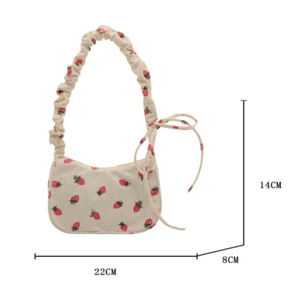 Corduroy Underarm Bag For Women Strawberry Print Mini Tote - Smarsty