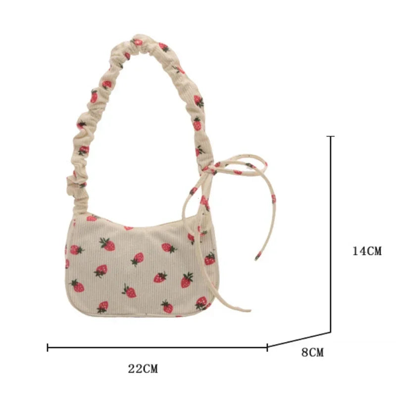 Corduroy Underarm Bag For Women Strawberry Print Mini Tote - Smarsty