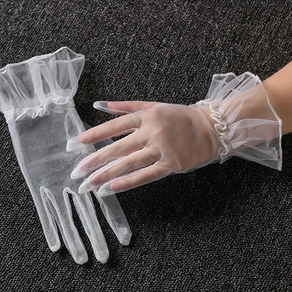 Women Lace Tulle Gloves Stretchy Full Finger Wedding Gloves - Smarsty