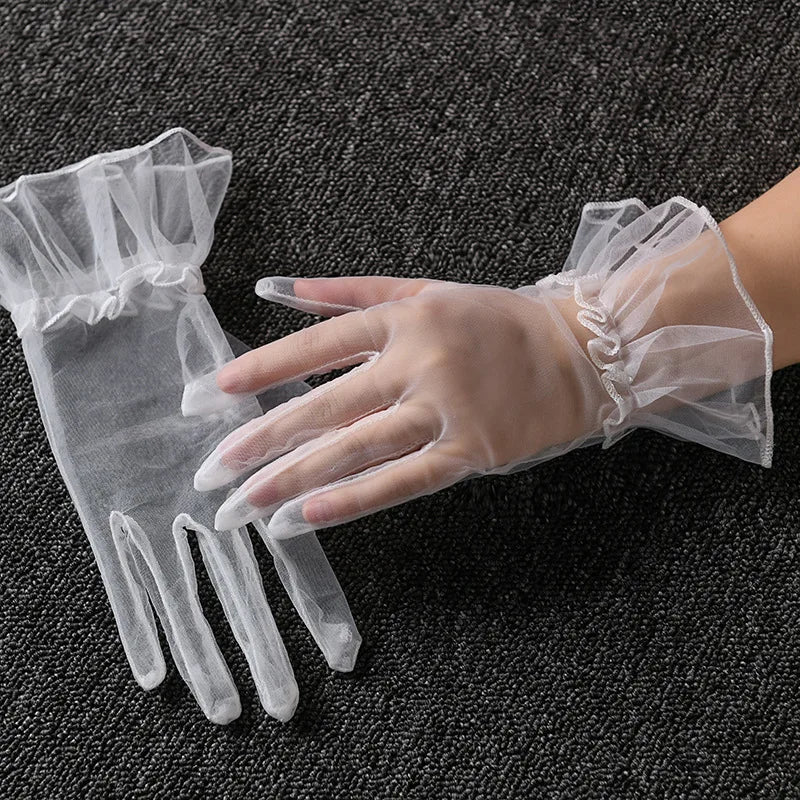 Women Lace Tulle Gloves Stretchy Full Finger Wedding Gloves - Smarsty