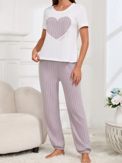 Women's new style pajamas set heart pattern short sleeve shirt trousers two-piece simple and lovely casual home wear - Smarsty