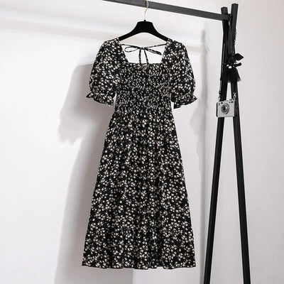 Spring Summer Chiffon Dresses Fashion Female Elastic Waist Short Sleeve Pleated Casual Dress Women A-line Dresses Vestidos - Smarsty