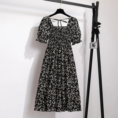 Spring Summer Chiffon Dresses Fashion Female Elastic Waist Short Sleeve Pleated Casual Dress Women A-line Dresses Vestidos - Smarsty