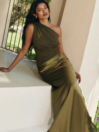 JULISSA MO Patchwork Satin Sexy One Shoulder Women Maxi Dress Brown Sleeveless Evening Dress Summer Slim Elegant Party Clubwear - Smarsty