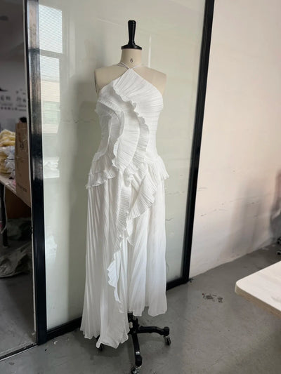 Chic pleated halter neck long vacation dress high quality purple strapless Lotus Edge Maxi Dress 2025 New Lady Vacation Gowns - Smarsty