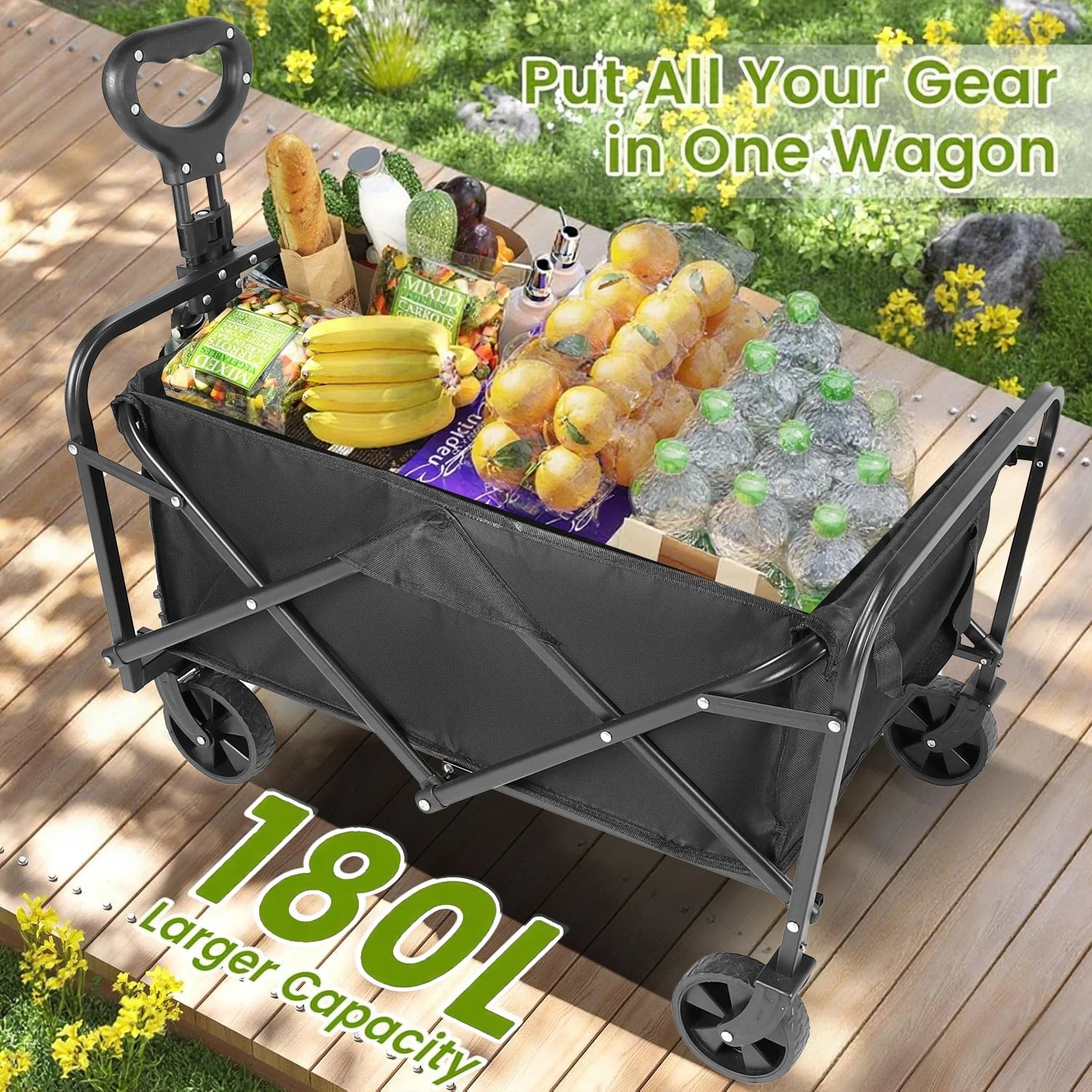 Heavy Duty Wagon Carts Foldable, Portable Wagons for Groceries, Beach Cart with All-Terrain Wheels  Drink Holders, Utility Wagon