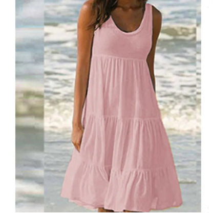 Bohemian Women's Casual O Neck Sleeveless Ruffle Mini Dress Solid Color Beach Tank Top Oversized Loose Dress Plus Size Women3029 - Smarsty