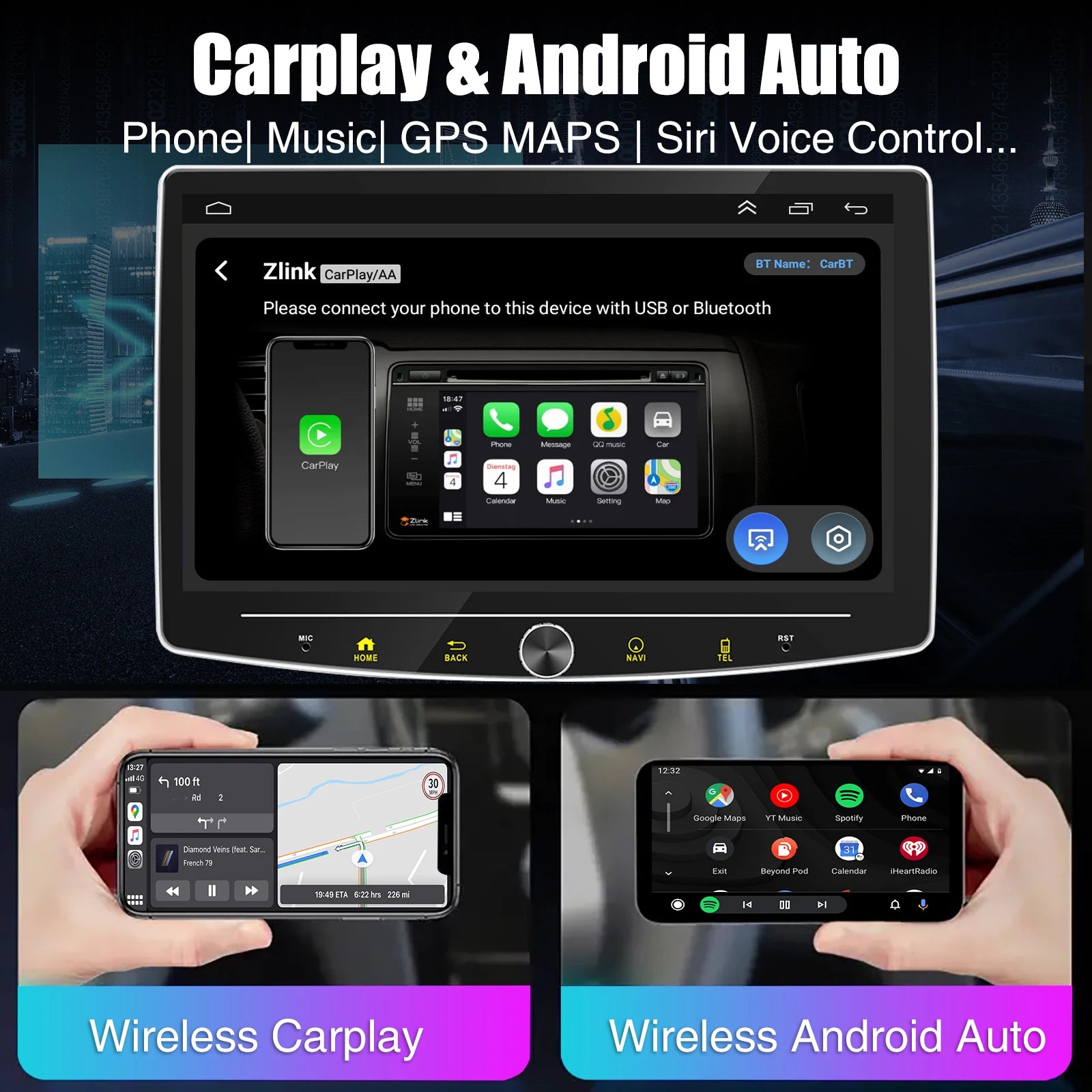4+64GB Single 1 Din Android 14.0 10.1" Universal Wireless Carplay Car Stereo Radio Multimedia Player GPS Navi WIFI Android Auto