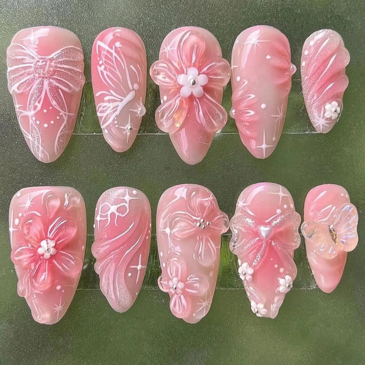 24 Piece Pink Almond Fake Nail Set With Bowknot Design - Smarsty