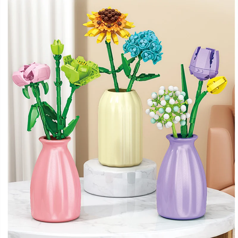 13 Styles Pretty Flower Building Blocks Rose Valentine's Lavender Peach Lily Of The Valley Tulip Bricks DIY Home Ornaments by Smarsty