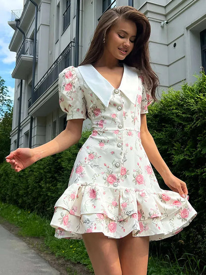Sexy Flare Sleeve V Neck Printed Mini Dress Fashion Pleated A-line High Waist Gown New Lady Summer Evening Party Club Vestidos