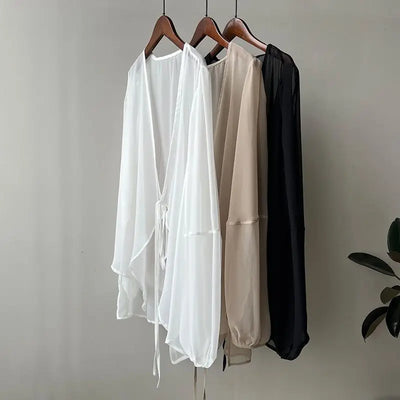 Shirts Women V-neck Loose Long Sleeve Open Stitch Korean Style Lace-up Simple Solid Summer Chiffon Breathable Minimalist Stylish - Smarsty