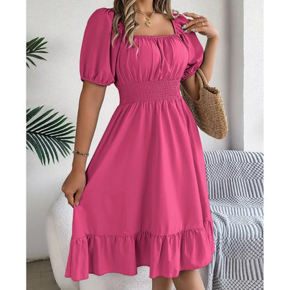 Women's MIidi Dresses 2024 Summer Casual Square Neck Short Sleeved Waist Ruffle Edge Dress Dress Women Elegant Платья Женские - Smarsty