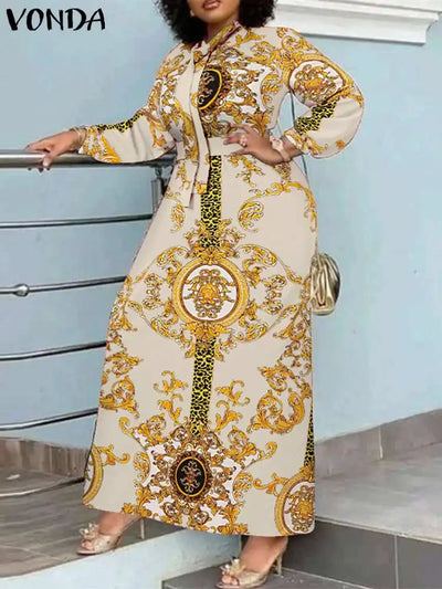 VONDA Maxi Dress 2024 Summer Women Bohemian Printed Party Sundress Long Sleeve Stand Collar Casual Robe Holiday Vestidos Belted - Smarsty