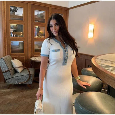 Elegant Contrasting Women Knit Maxi Dress Chic O-neck Short Sleeve Metal Buttons Bodycon Dresses Office Lady Commuting Robe - Smarsty