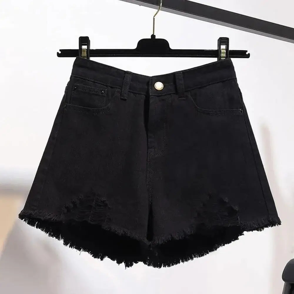 Summer Women's Cowboy Shorts Korean High Waist Casual Denim Shorts Pocket Tassel Perforated Ripped Holes Y2K Girls White Jeans - Smarsty
