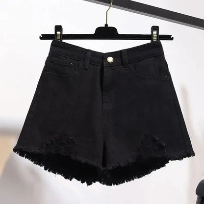 Summer Women's Cowboy Shorts Korean High Waist Casual Denim Shorts Pocket Tassel Perforated Ripped Holes Y2K Girls White Jeans - Smarsty