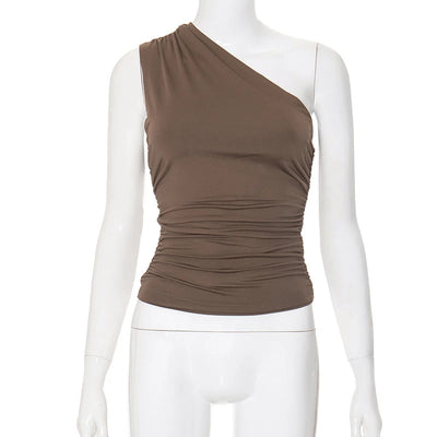 Solid Color One Shoulder Backless Shrink Tank Top T-Shirt Candy Color Tight Sexy Sleeveless Neckless Slim Casaul Top - Smarsty