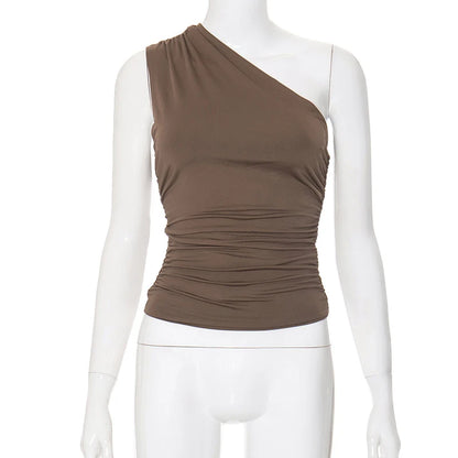 Solid Color One Shoulder Backless Shrink Tank Top T-Shirt Candy Color Tight Sexy Sleeveless Neckless Slim Casaul Top