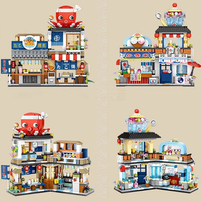 Street View Series Building blocks Izakaya Shaved Ice Shop Takoyaki Shop Coffee shop Panda Tea House model children's gift
