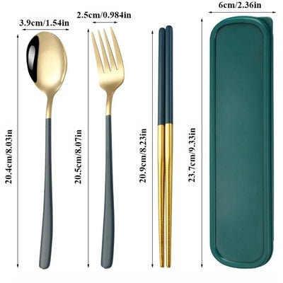 Korean-Style Stainless Steel Utensil Set - Portable Spoon, Fork, Chopsticks with Gift Case, 3-Piece Travel Kit for School, Offic
