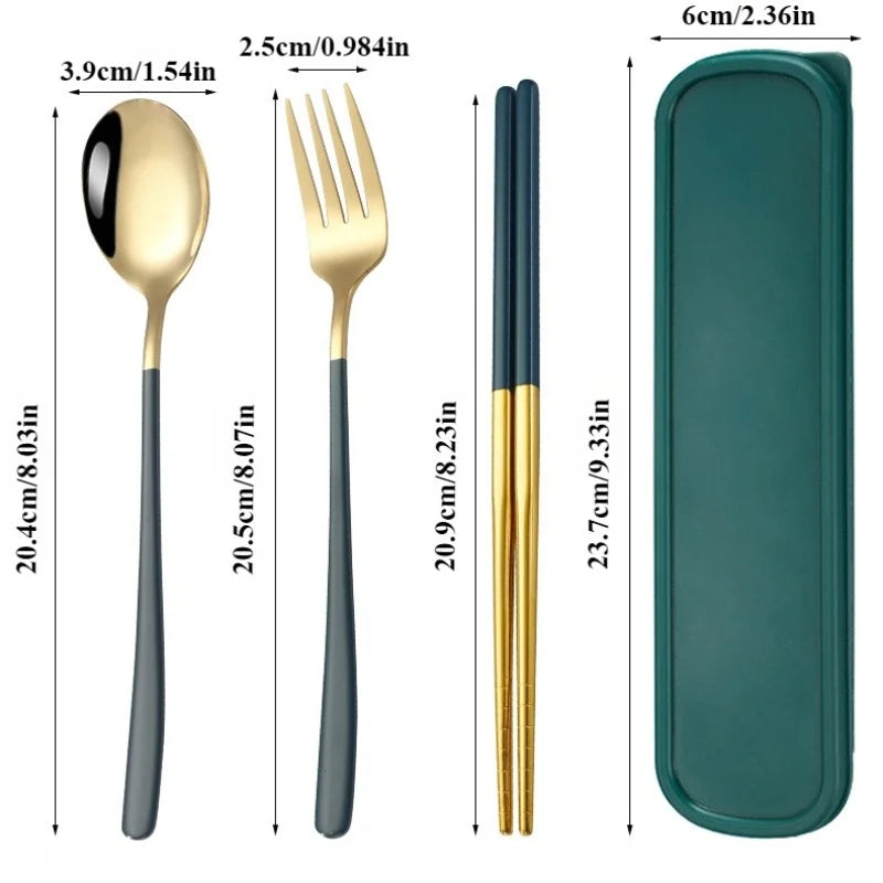Korean-Style Stainless Steel Utensil Set - Portable Spoon, Fork, Chopsticks with Gift Case, 3-Piece Travel Kit for School, Offic