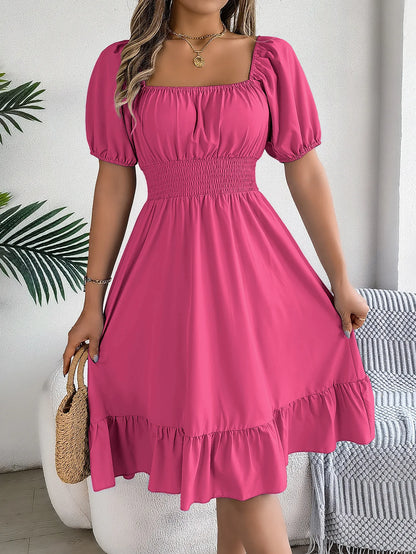 Women's MIidi Dresses 2024 Summer Casual Square Neck Short Sleeved Waist Ruffle Edge Dress Dress Women Elegant Платья Женские - Smarsty