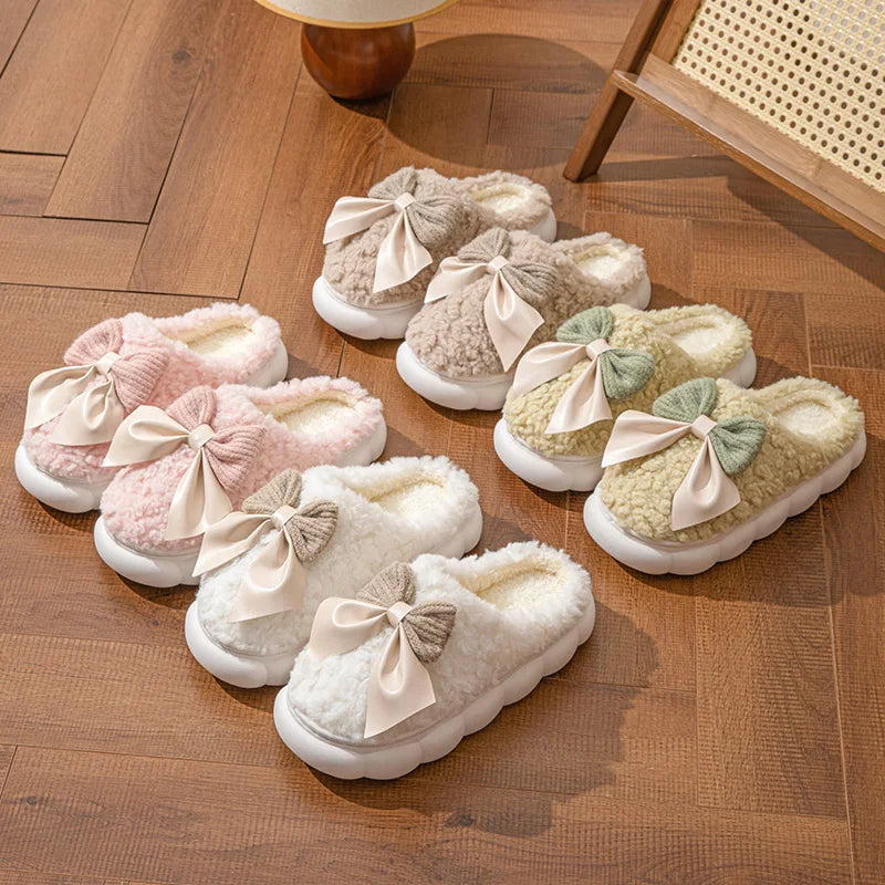 Winter Warm Fur Slippers for Women Cute bow House Non Slip Soft Shoes Comfort Flat Heel Home Indoor Bedroom Plush Slippers - Smarsty