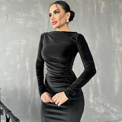 Dulzura 2024 Spring Summer Velvet Long Sleeve Midi Dress For Women Ruched Long Dress Elegant Party Clothes Evening Green Outfits - Smarsty