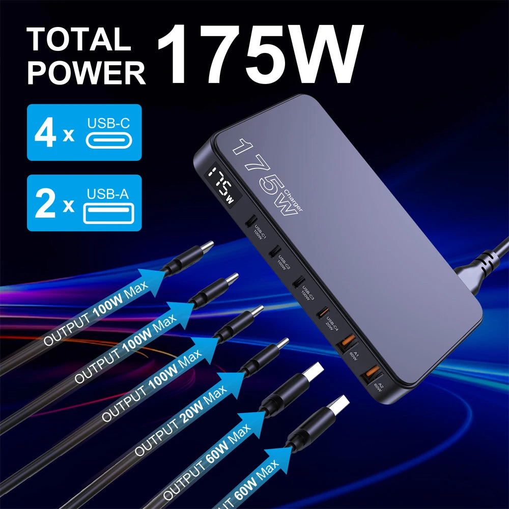 GaN USB C 6Port Desktop Charger With Fast LED Display - Smarsty