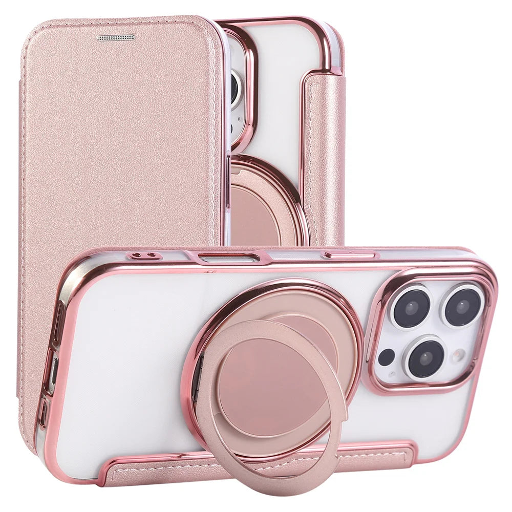 Flip Leather Wallet Rotating Fold Stand Magnetic Phone Case For iPhone 15 16 17 Pro Max 16E 14 13 12 For Magsafe Clear Cover