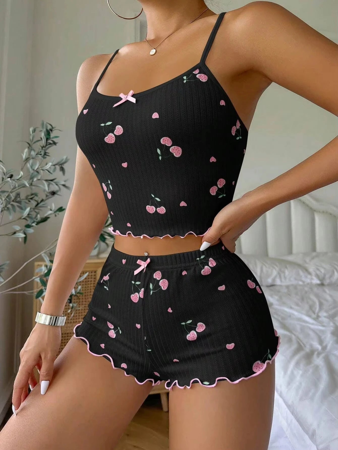 Sleepwear Women's Summer Pajama Set Heart Print Sexy Ribbed Bow Decor Round Neck Backless Crop Cami Top & Shorts Nightwear - Smarsty