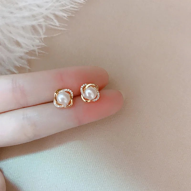 14K Gold Luxury Earrings With Zircon Pearl Twist Design - Smarsty