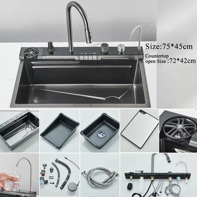 Large Stainless Steel Kitchen Sink with Digital Faucet Display - Smarsty
