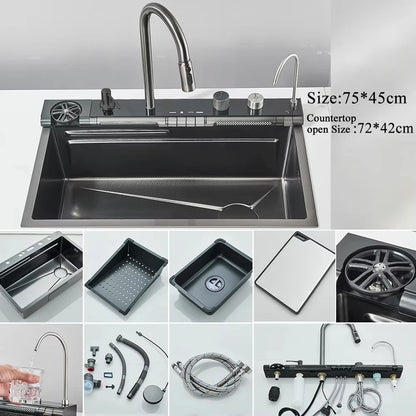 Large Stainless Steel Kitchen Sink with Digital Faucet Display - Smarsty