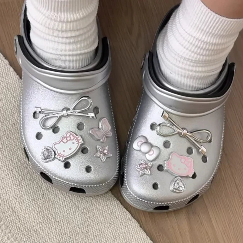 MINISO Silvery Hello Kitty Set Girls Women Shoe Charms DIY Hole Shoes Detachable Buckle Garden Shoes Accessories Festival Gift