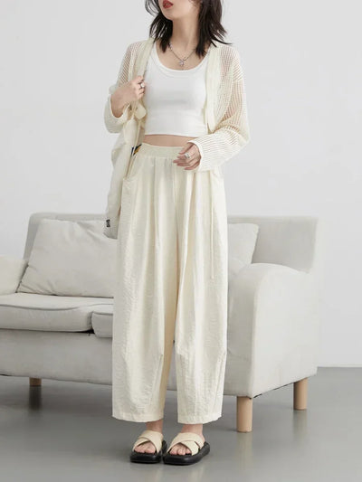 CHIC VEN Women White Pants Solid Casual Elastic Waist High Waisted Pleated Wide Leg Female Trousers  Fold Summer 2025 Clothing - Smarsty