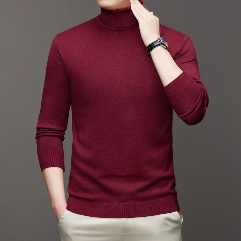 Autumn Mens High Quality Knitted Turtleneck Sweater Slim Fit Long Sleeve Anti-pilling Pullover Solid Color Trend Men Streetwea - Smarsty