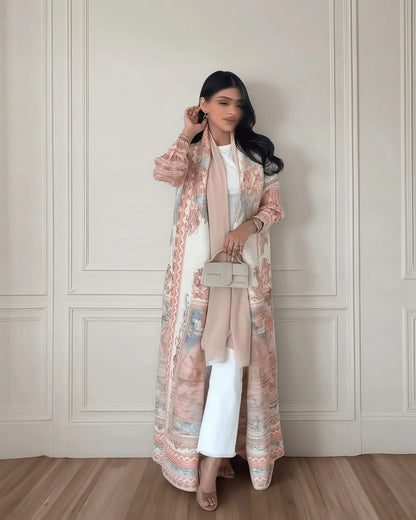Women's Fold Miyake Pleated Abaya Long Sleeve Print Foldable Collar Robe Cardigan Coat New Winter Fashion Original Design 2024 - Smarsty