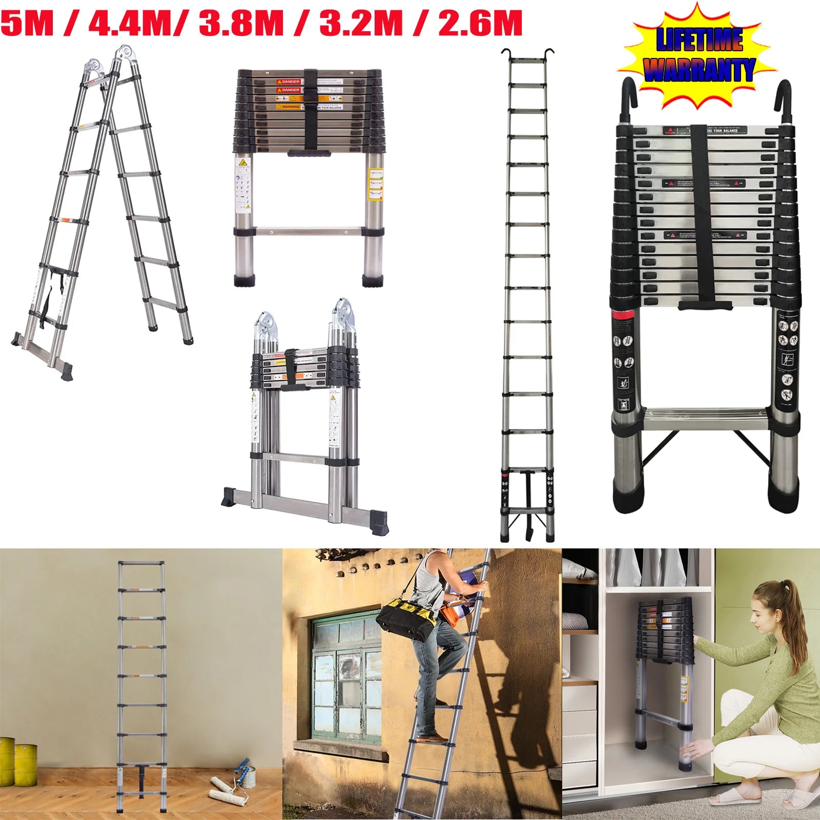 DayPlus Telescoping Ladder Stainless Steel Folding Ladder Portable Extendable Loft Ladder Capacity Max Load 150kg/330lb,EN131