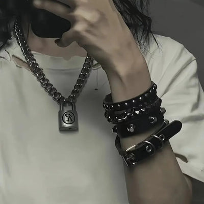 Black Goth Leather Bracelets Set with Rivet Spikes - Smarsty