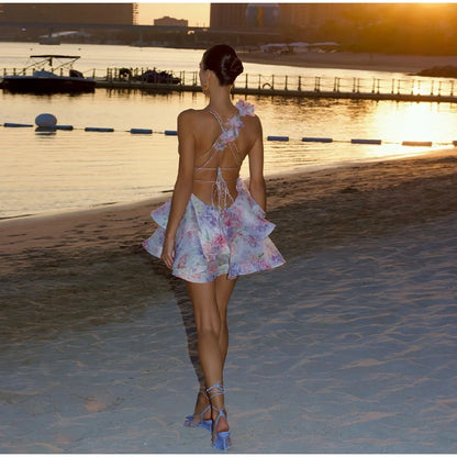 Backless Party Dress Women Elegant 3D Flower Print Sling Lace Up Ruffle A-line Mini Evening Dresses Female 2025 Summer Swimwears - Smarsty