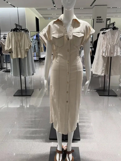 ETJ 2025  Spring New 1975 series denim MIDI dress with lapel side zipper fashion wrinkle waist slim elegant dress - Smarsty