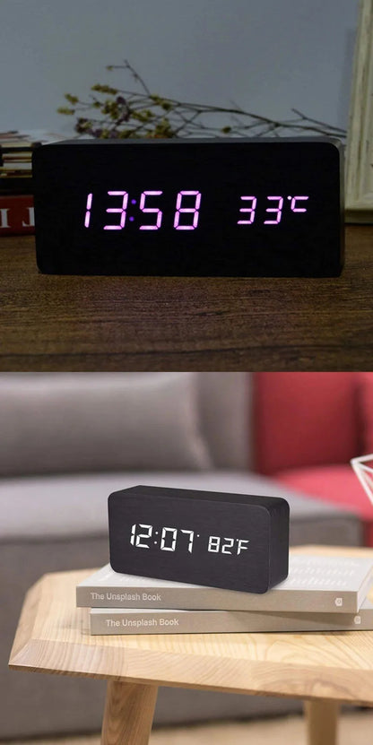 Wooden Digital Alarm Clock with Temperature Display - Smarsty