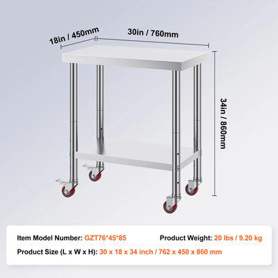 SucceBuy Stainless Steel Kitchen Worktable shelves Commercial Work Bench Table with Caster Wheels for Home Restaurant Storage - Smarsty