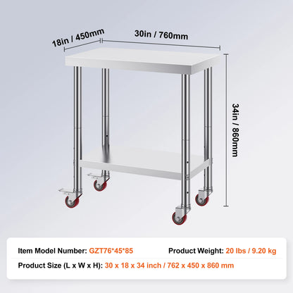 SucceBuy Stainless Steel Kitchen Worktable shelves Commercial Work Bench Table with Caster Wheels for Home Restaurant Storage