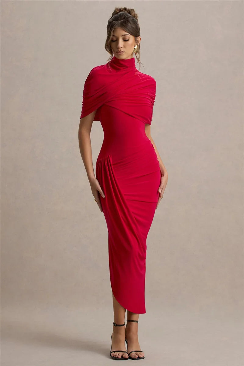 Mozision Half Sleeve Backless Ruched Sexy Maxi Dress Women Summer New Turtleneck Slim High Waist Evening Club Party Long Dress