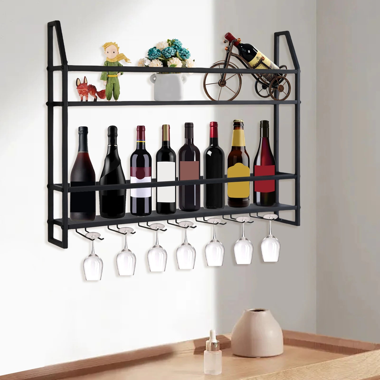 Wall Mounted Wine Rack Glass Holder 12 Bottles 7 Goblet Metal Shelf 2 Layer for Home Bar, 80cm Black - Smarsty
