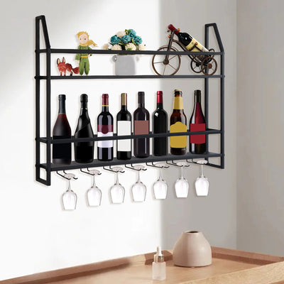 Wall Mounted Wine Rack Glass Holder 12 Bottles 7 Goblet Metal Shelf 2 Layer for Home Bar, 80cm Black - Smarsty