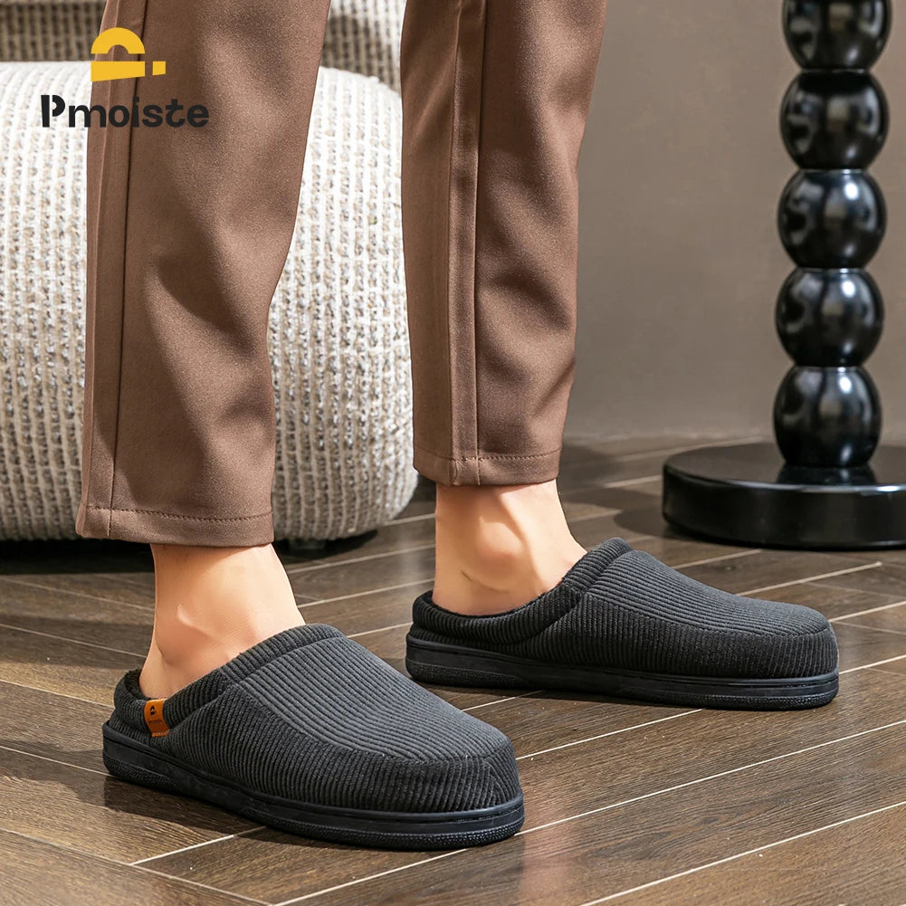 Warm Slippers for Men TPR Sole Memory Foam Soft Cushion Non Slip Stripe Design Comfortable Corduroy House Shoes - Smarsty